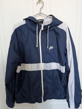 Vintage Nike Navy and White Hooded Windbreaker Jacket